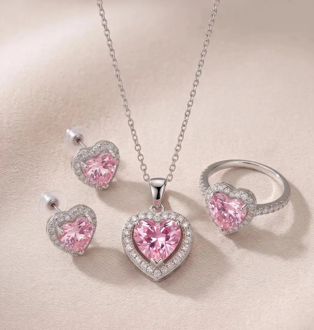 MEQAD pink heart halo jewellery set